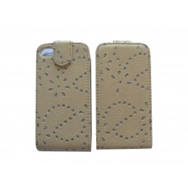 Pochette pour Iphone 4S en simili-cuir beige fleurs et strass diamants + film protection écran