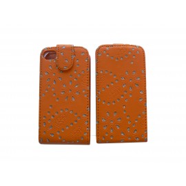 Pochette pour Iphone 4S en simili-cuir orange fleurs et strass diamants + film protection écran