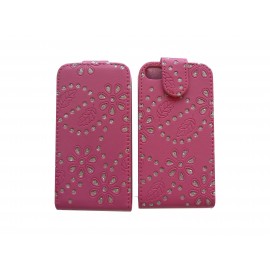 Pochette pour Iphone 4S en simili-cuir rose fleurs et strass diamants + film protection écran