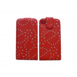 Pochette pour Iphone 4S en simili-cuir rouge fleurs et strass diamants + film protection écran