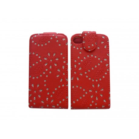 Pochette pour Iphone 4S en simili-cuir rouge fleurs et strass diamants + film protection écran