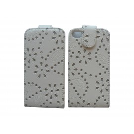 Pochette pour Iphone 4S en simili-cuir blanche fleurs et strass diamants + film protection écran