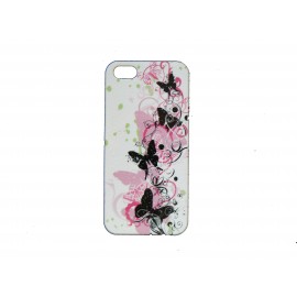 Coque pour Iphone 5 blanche papillons roses et noirs  + film protection écran offert