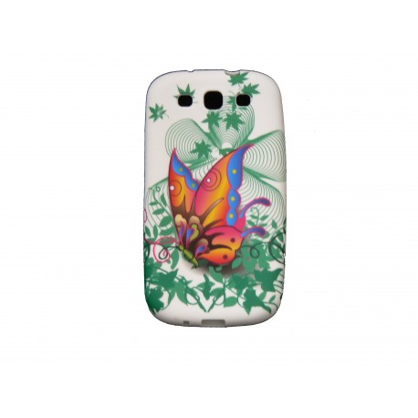 Coque pour Samsung I9300 Galaxy S3 silicone blanche papillon multicolore + film protection écran offert