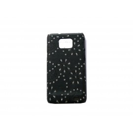 Coque pour Samsung I9100 Galaxy S2 noire simili-cuir strass diamants + film protection écran offert