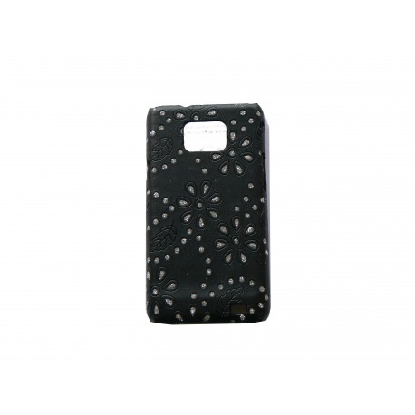 Coque pour Samsung I9100 Galaxy S2 noire simili-cuir strass diamants + film protection écran offert