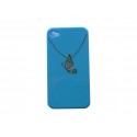Coque pour Iphone 4S bleue pendentif papillon en strass + film protection écran