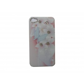 Coque pour Iphone 4S fleurs blanches papillon bleu strass diamants + film protection écran