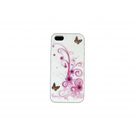 Coque pour Iphone 5 silicone blanche fleurs roses papillons noirs + film protection écran offert