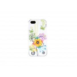 Coque pour Iphone 5 silicone blanche fleur jaune papillons verts + film protection écran offert