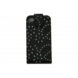 Pochette pour Iphone 4S en simili-cuir noire fleurs et strass diamants + film protection écran
