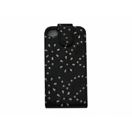 Pochette pour Iphone 4S en simili-cuir noire fleurs et strass diamants + film protection écran