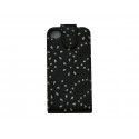 Pochette pour Iphone 4S en simili-cuir noire fleurs et strass diamants + film protection écran