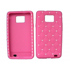 Coque pour Samsung I9100 Galaxy S2 silicone rose strass diamants + film protection écran offert