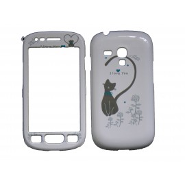 Coque intégrale blanche pour Samsung Galaxy S3 Mini / I8190 chat noir cur bleu + film protection écran offert