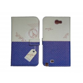 Pochette pour Samsung Galaxy Note 2 / N7100 simili-cuir bleu pois blancs + film protectin écran