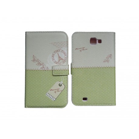 Pochette pour Samsung Galaxy Note 2 / N7100 simili-cuir vert pois blancs + film protectin écran