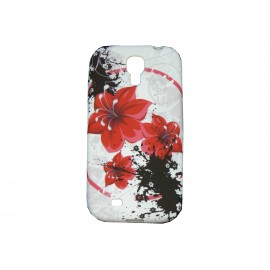 Coque silicone blanche pour Samsung Galaxy S4 / I9500 fleurs rouges + film protection écran offert