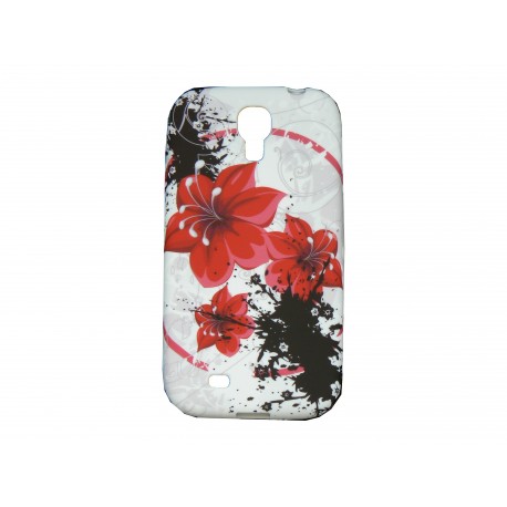 Coque silicone blanche pour Samsung Galaxy S4 / I9500 fleurs rouges + film protection écran offert