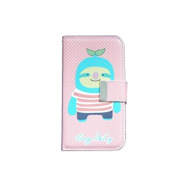 Pochette pour Samsung I9500 Galaxy S4 simili-cuir rose à pois blancs personnage bleu + film protectin écran