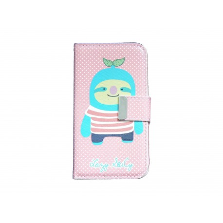 Pochette pour Samsung I9500 Galaxy S4 simili-cuir rose à pois blancs personnage bleu + film protectin écran