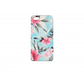 Coque pour Iphone 5 fond bleu fleurs roses+ film protection écran offert