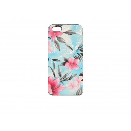 Coque pour Iphone 5 fond bleu fleurs roses+ film protection écran offert