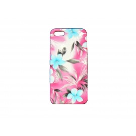 Coque pour Iphone 5 fond rose fleurs bleues+ film protection écran offert