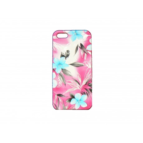 Coque pour Iphone 5 fond rose fleurs bleues+ film protection écran offert