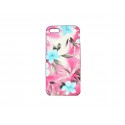 Coque pour Iphone 5 fond rose fleurs bleues+ film protection écran offert