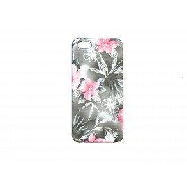 Coque pour Iphone 5 fond gris fleurs roses+ film protection écran offert