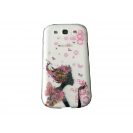 Coque transparente pour Samsung Galaxy S3 / I9300 dame robe fleurs roses+ film protection écran offert