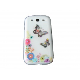 Coque transparente pour Samsung Galaxy S3 / I9300 fleurs papillons strass + film protection écran offert
