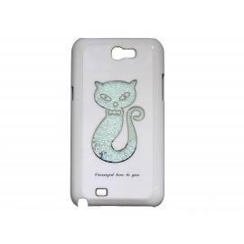 Coque blanche pour Samsung Galaxy Note 2/N7100 chat strass + film protection écran offert