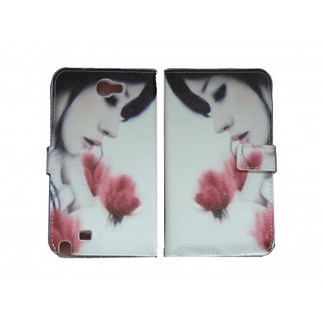 Pochette pour Samsung Galaxy Note 2 / N7100 simili-cuir Dame fleurs roses+ film protectin écran