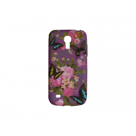 Coque silicone pour Samsung Galaxy S4 Mini / I9190 violette papillons et fleurs multicolores  + film protection écran offert