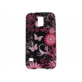 Coque TPU Samsung Galaxy S5 G900 noire fleurs papillons roses  + film protection écran offert