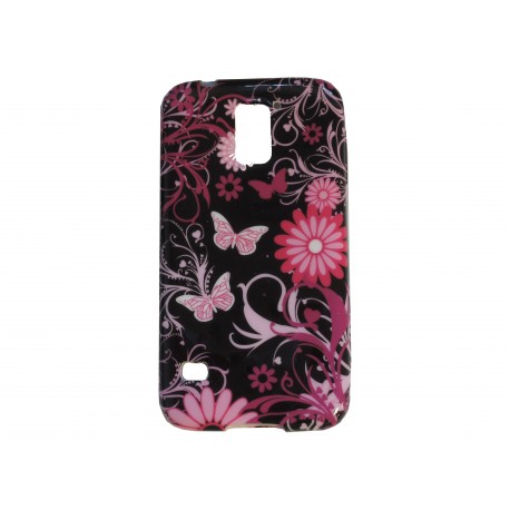 Coque TPU Samsung Galaxy S5 G900 noire fleurs papillons roses  + film protection écran offert