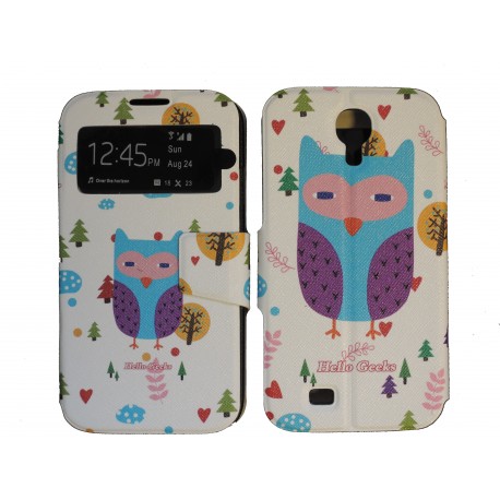 Pochette pour Samsung I9500 Galaxy S4 simili-cuir hibou bleu + film protection écran