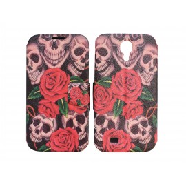 Pochette pour Samsung I9500 Galaxy S4 simili-cuir tête de mort roses + film protection écran