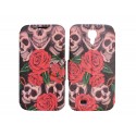 Pochette pour Samsung I9500 Galaxy S4 simili-cuir tête de mort roses + film protection écran