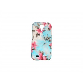 Coque pour Samsung Galaxy S4 / I9500 bleue fleurs roses + film protection écran offert