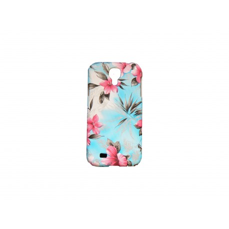 Coque pour Samsung Galaxy S4 / I9500 bleue fleurs roses + film protection écran offert