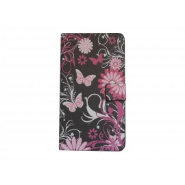 Pochette noire  pour Samsung Galaxy Note 3 N9000 simili-cuir papillons roses+ film protection écran