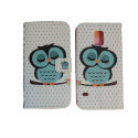 Pochette pour Samsung Galaxy S5 G900 simili-cuir blanche hibou bleu + film protection écran