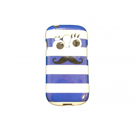 Coque TPU pour Samsung Galaxy S3 Mini/ I8190 rayée bleue moustache + film protection écran offert