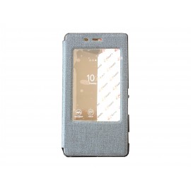 Pochette pour Sony Xperia M2 simili-cuir bleu nuit fenêtre + film protection écran offert