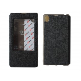 Pochette pour Sony Xperia Z1 simili-cuir noir fenêtre + film protection écran offert