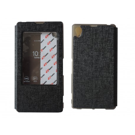 Pochette pour Sony Xperia Z1 simili-cuir noir fenêtre + film protection écran offert