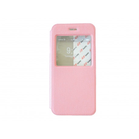 Pochette pour Iphone 6 simili-cuir rose clair fenêtre + film protection écran offert
